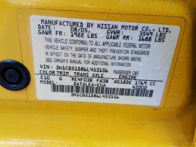 3N1CB51D86L453156 - 2006 NISSAN SENTRA 1.8 YELLOW photo 10