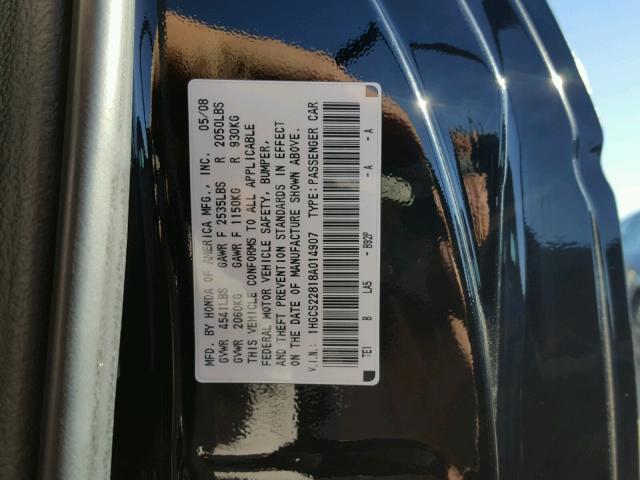 1HGCS22818A014907 - 2008 HONDA ACCORD EXL BLACK photo 10