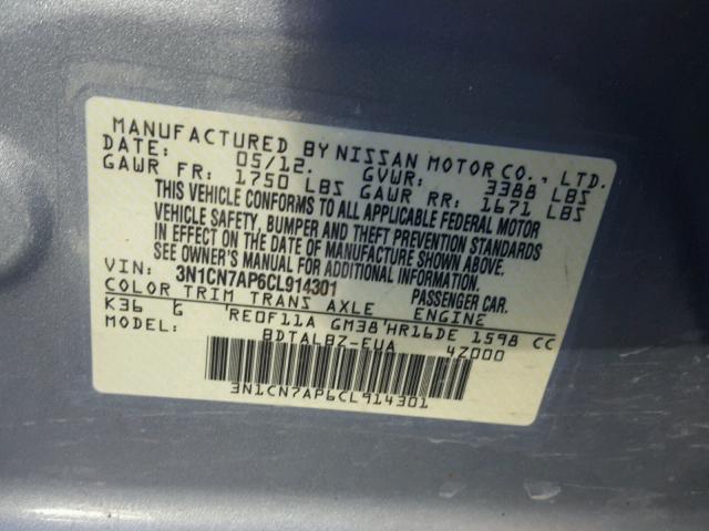 3N1CN7AP6CL914301 - 2012 NISSAN VERSA S SILVER photo 10