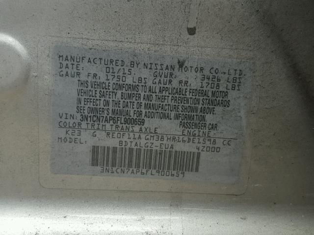 3N1CN7AP6FL900659 - 2015 NISSAN VERSA S SILVER photo 10