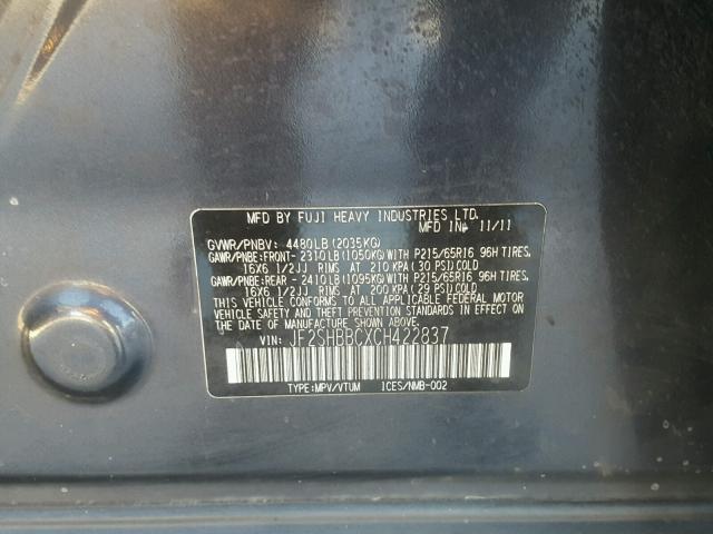 JF2SHBBCXCH422837 - 2012 SUBARU FORESTER 2 CHARCOAL photo 10