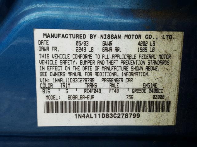 1N4AL11D83C278799 - 2003 NISSAN ALTIMA BAS BLUE photo 10