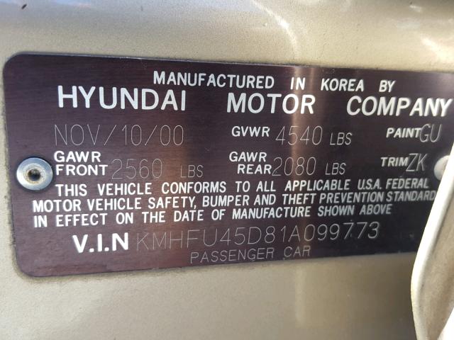 KMHFU45D81A099773 - 2001 HYUNDAI XG 300 GOLD photo 10