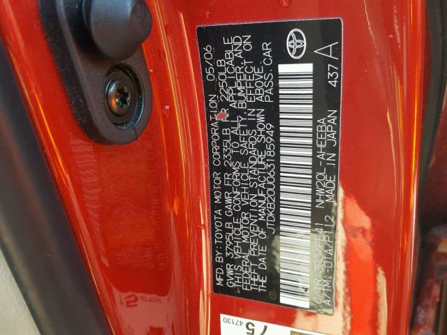 JTDKB20U063185949 - 2006 TOYOTA PRIUS RED photo 10