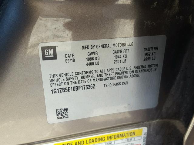 1G1ZB5E10BF176362 - 2011 CHEVROLET MALIBU LS ნაცრისფერი ფოტო 10