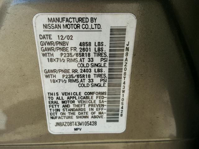 JN8AZ08T43W105428 - 2003 NISSAN MURANO SL GRAY photo 10