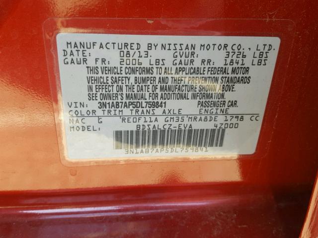 3N1AB7AP5DL759841 - 2013 NISSAN SENTRA S RED photo 10