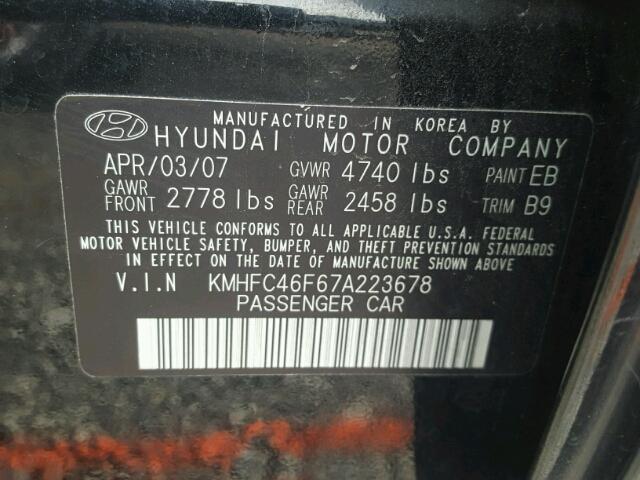 KMHFC46F67A223678 - 2007 HYUNDAI AZERA SE BLACK photo 10