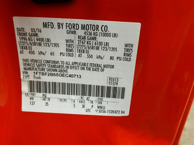 1FTBF2B65GEC40713 - 2016 FORD F250 SUPER RED photo 10