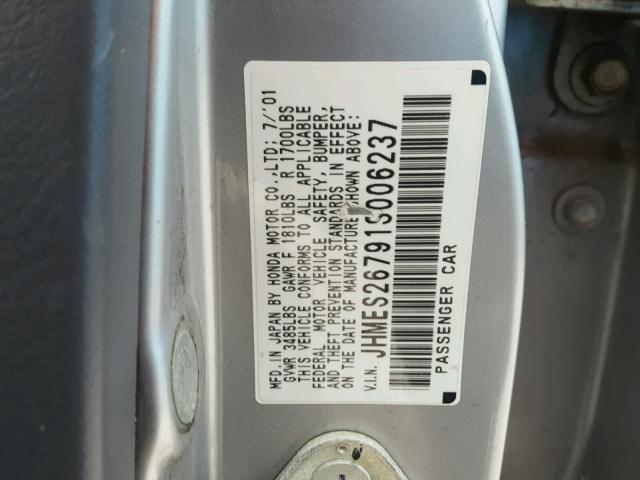 JHMES26791S006237 - 2001 HONDA CIVIC EX ვერცხლისფერი ფოტო 10