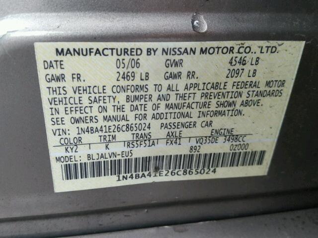 1N4BA41E26C865024 - 2006 NISSAN MAXIMA SE GRAY photo 10