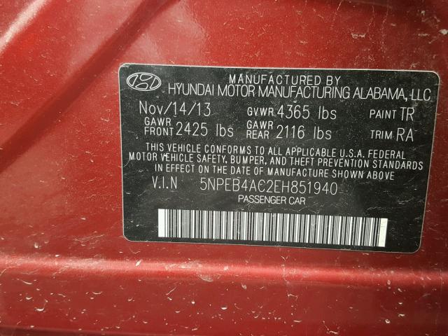 5NPEB4AC2EH851940 - 2014 HYUNDAI SONATA GLS RED photo 10