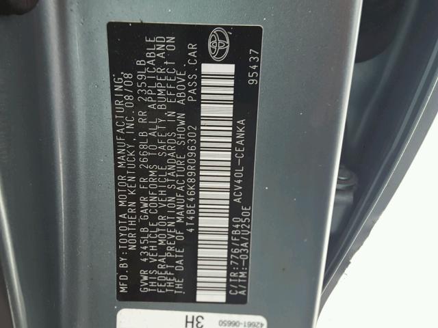 4T4BE46K89R096302 - 2009 TOYOTA CAMRY BASE GREEN photo 10