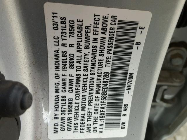 19XFA1F58BE048789 - 2011 HONDA CIVIC LX SILVER photo 10