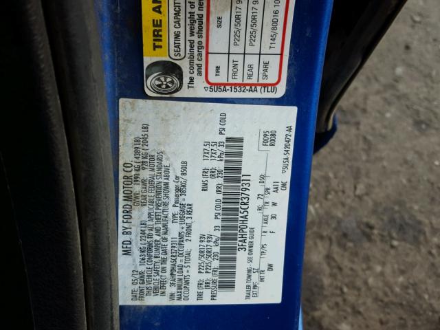 3FAHP0HA5CR379311 - 2012 FORD FUSION SE BLUE photo 10