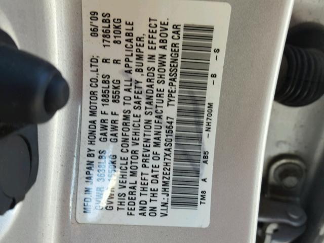 JHMZE2H7XAS015647 - 2010 HONDA INSIGHT EX SILVER photo 10