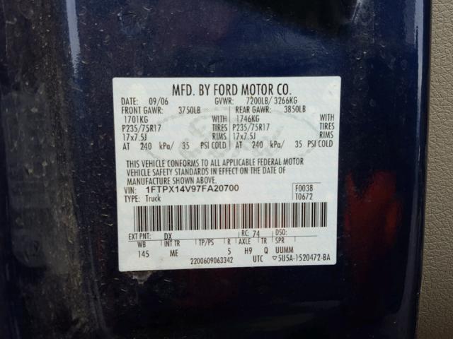 1FTPX14V97FA20700 - 2007 FORD F150 BLUE photo 10