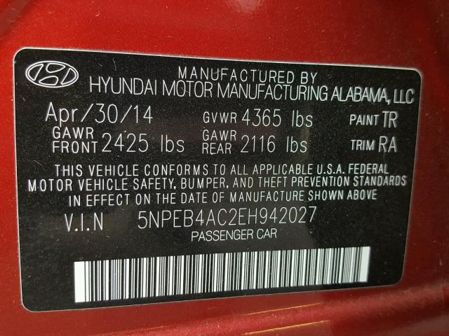 5NPEB4AC2EH942027 - 2014 HYUNDAI SONATA GLS RED photo 10