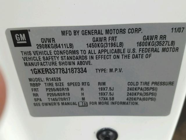 1GKER33778J187334 - 2008 GMC ACADIA SLT თეთრი ფოტო 10