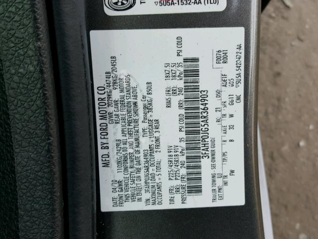 3FAHP0JG5AR364903 - 2010 FORD FUSION SEL GRAY photo 10