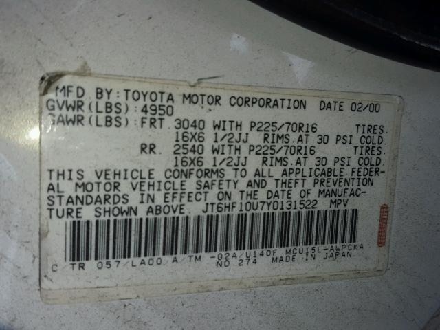 JT6HF10U7Y0131522 - 2000 LEXUS RX 300 WHITE photo 10