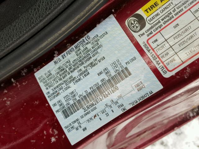 3LNHM28T67R641600 - 2007 LINCOLN MKZ BURGUNDY photo 10