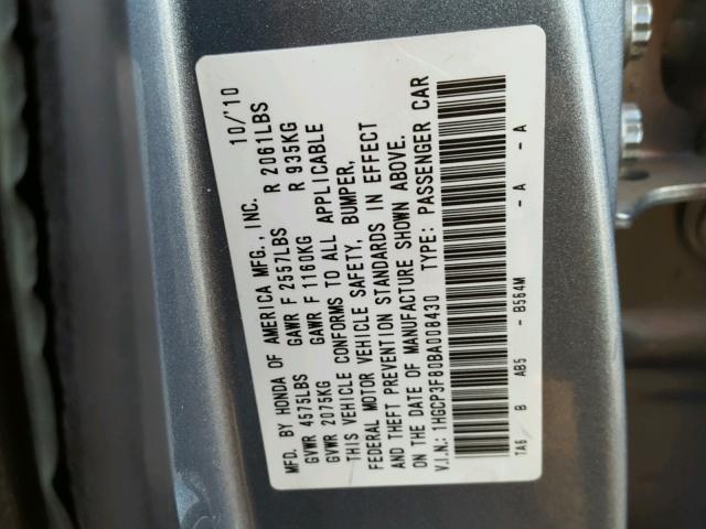 1HGCP3F80BA008430 - 2011 HONDA ACCORD EXL TEAL photo 10