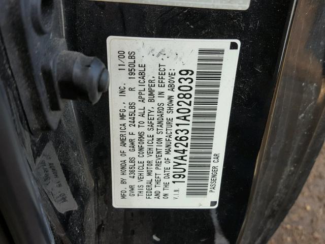 19UYA42631A028039 - 2001 ACURA 3.2CL TYPE BLACK photo 10