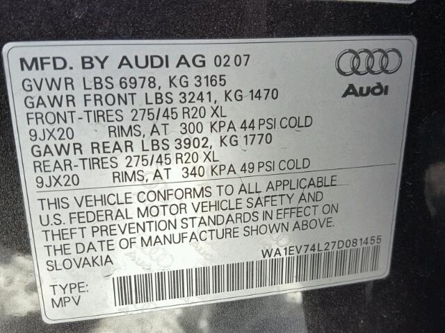 WA1EV74L27D081455 - 2007 AUDI Q7 4.2 QUA BLACK photo 10