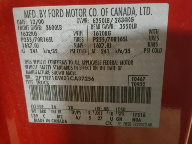 2FTRF18W01CA37256 - 2001 FORD F150 RED photo 10