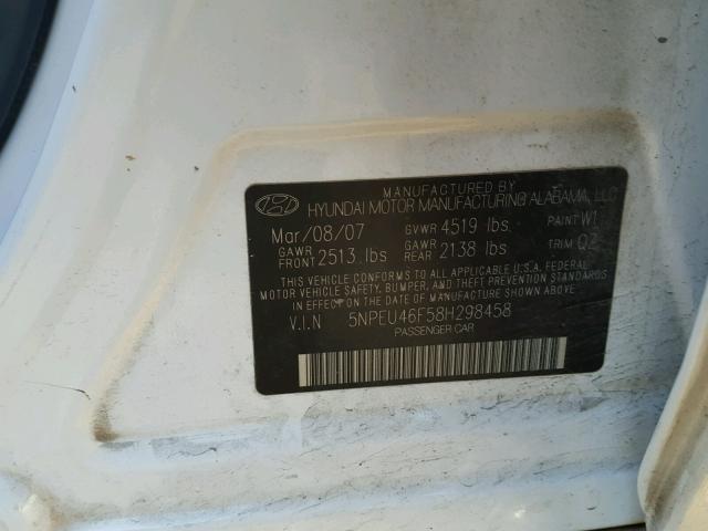 5NPEU46F58H298458 - 2008 HYUNDAI SONATA SE WHITE photo 10