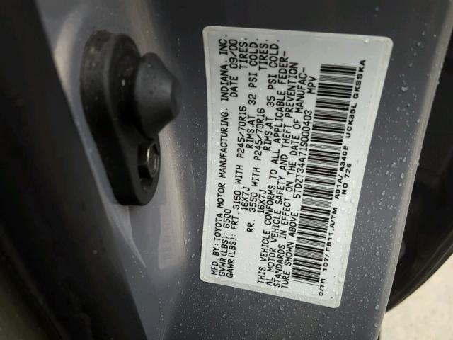 5TDZT34A71S000403 - 2001 TOYOTA SEQUOIA SR GRAY photo 10