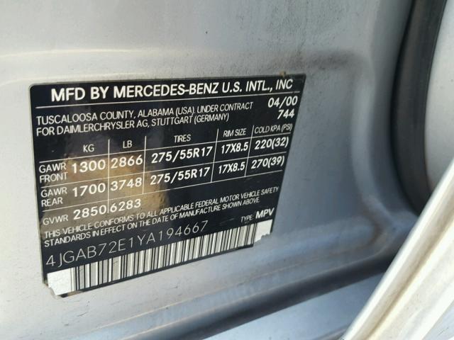 4JGAB72E1YA194667 - 2000 MERCEDES-BENZ ML 430 银色 照片 10