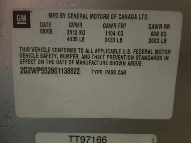 2G2WP552861138822 - 2006 PONTIAC GRAND PRIX SILVER photo 10