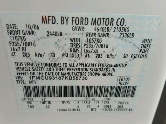 1FMCU93187KB58736 - 2007 FORD ESCAPE XLT WHITE photo 10