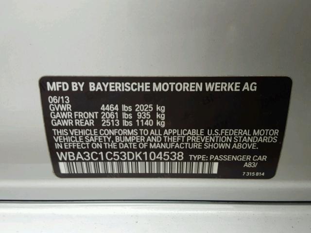 WBA3C1C53DK104538 - 2013 BMW 328 I SULE SILVER photo 10