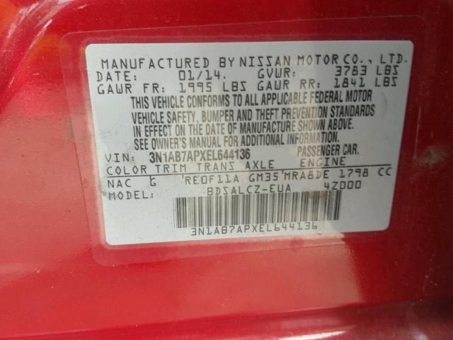 3N1AB7APXEL644136 - 2014 NISSAN SENTRA S RED photo 10