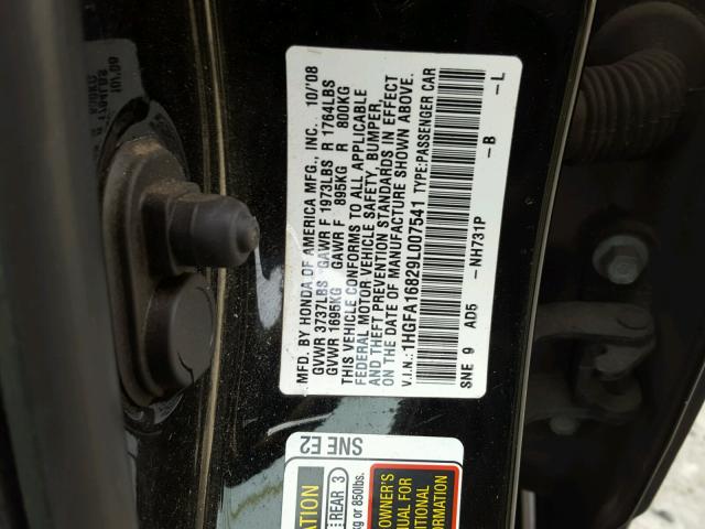1HGFA16829L007541 - 2009 HONDA CIVIC EX შავი ფოტო 10