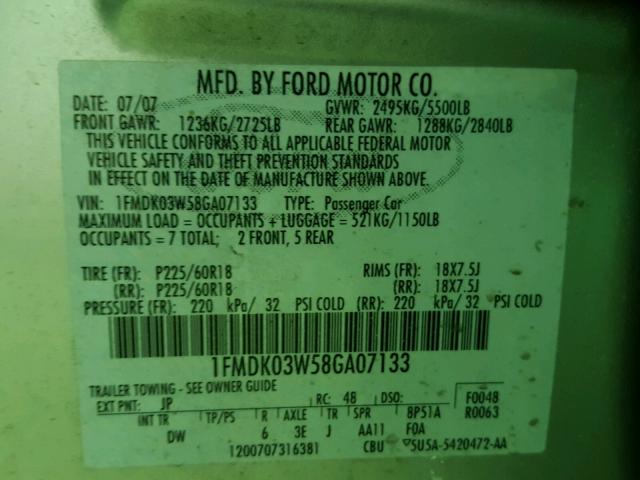 1FMDK03W58GA07133 - 2008 FORD TAURUS X L SILVER photo 10