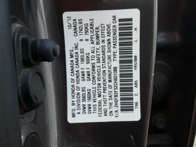 2HGFB2F52CH601088 - 2012 HONDA CIVIC LX GRAY photo 10