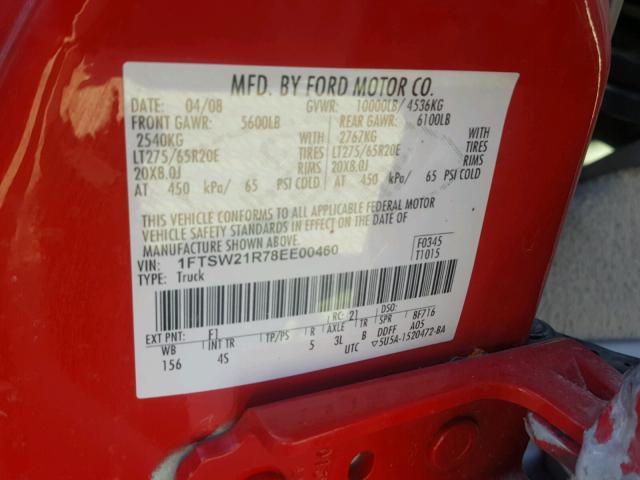 1FTSW21R78EE00460 - 2008 FORD F250 SUPER RED photo 10