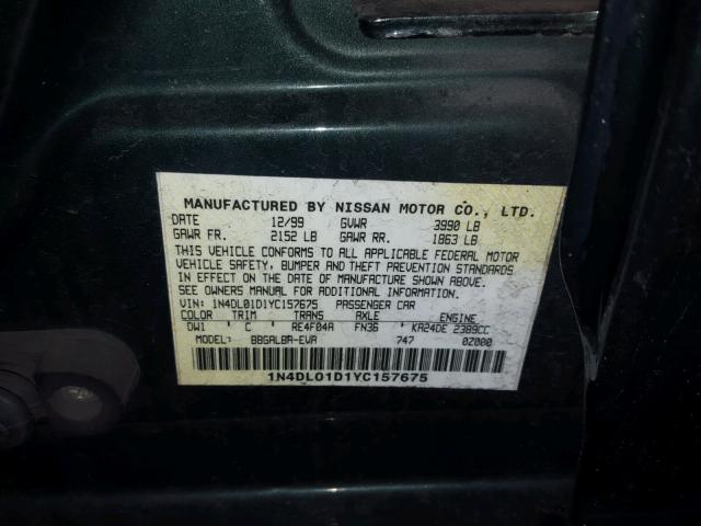 1N4DL01D1YC157675 - 2000 NISSAN ALTIMA XE GREEN photo 10