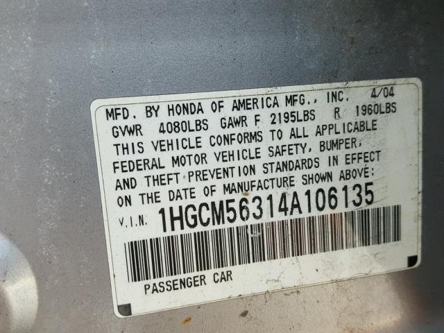 1HGCM56314A106135 - 2004 HONDA ACCORD LX SILVER photo 10