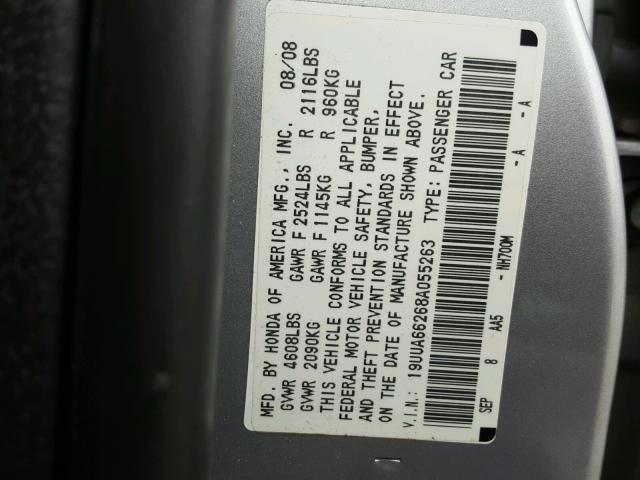 19UUA66268A055263 - 2008 ACURA TL SILVER photo 10