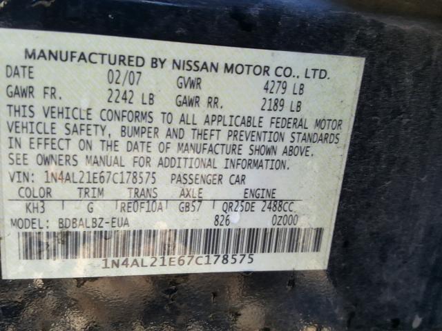 1N4AL21E67C178575 - 2007 NISSAN ALTIMA 2.5 BLACK photo 10