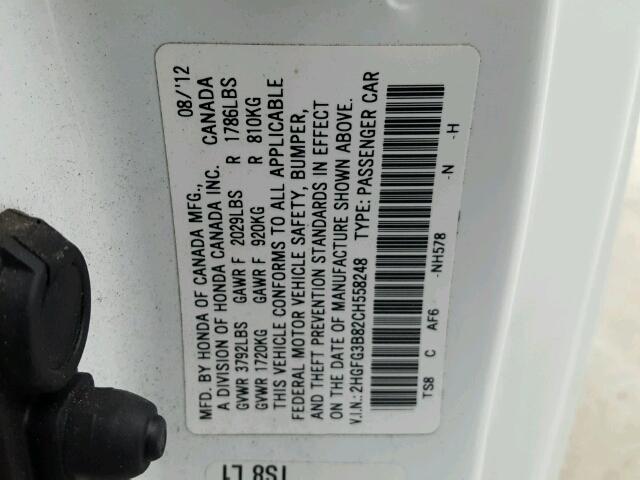 2HGFG3B82CH558248 - 2012 HONDA CIVIC EX WHITE photo 10