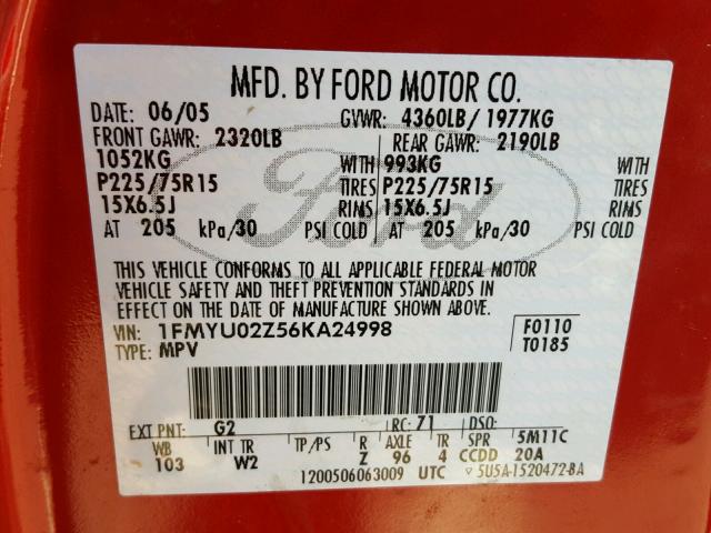 1FMYU02Z56KA24998 - 2006 FORD ESCAPE XLS RED photo 10