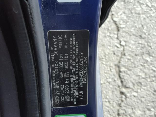 KMHDN45D03U528751 - 2003 HYUNDAI ELANTRA GL BLUE photo 10