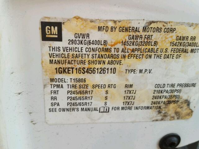 1GKET16S456126110 - 2005 GMC ENVOY XL WHITE photo 10