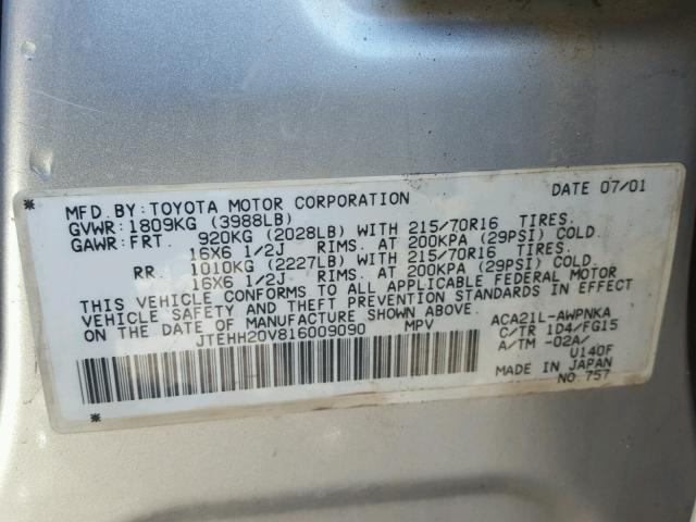 JTEHH20V816009090 - 2001 TOYOTA RAV4 SILVER photo 10